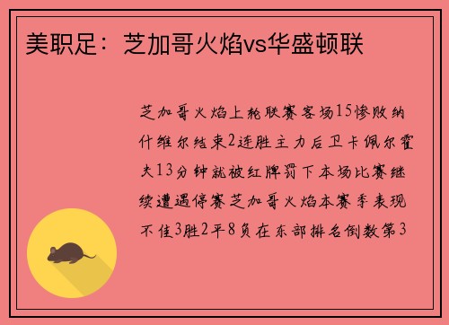 美职足：芝加哥火焰vs华盛顿联