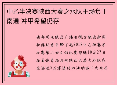 中乙半决赛陕西大秦之水队主场负于南通 冲甲希望仍存
