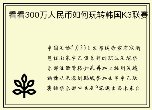 看看300万人民币如何玩转韩国K3联赛